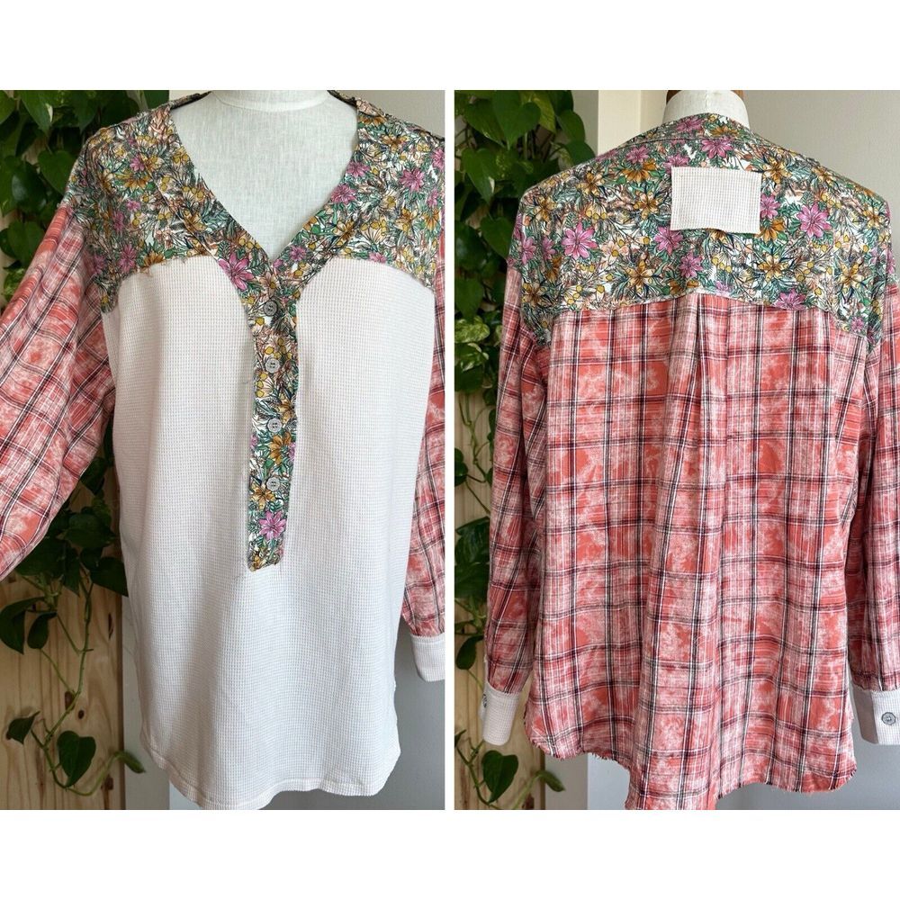 POL Clothing Mixed Media Oversized Shirt M Plaid Floral Waffle‎ Knit Boho Hippie